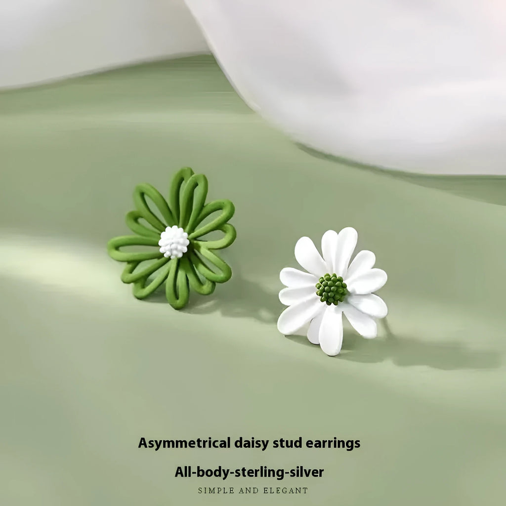 Three pairs of alloy flower earrings in blue-orange, white-green, and yellow-white colour combinations