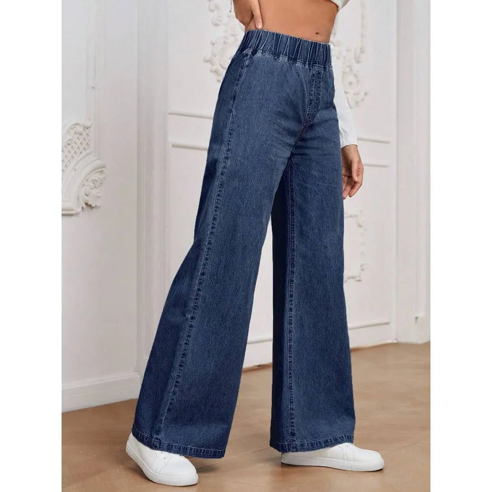Plus size light blue washed wide-leg denim jeans with straight fit and mid waist design