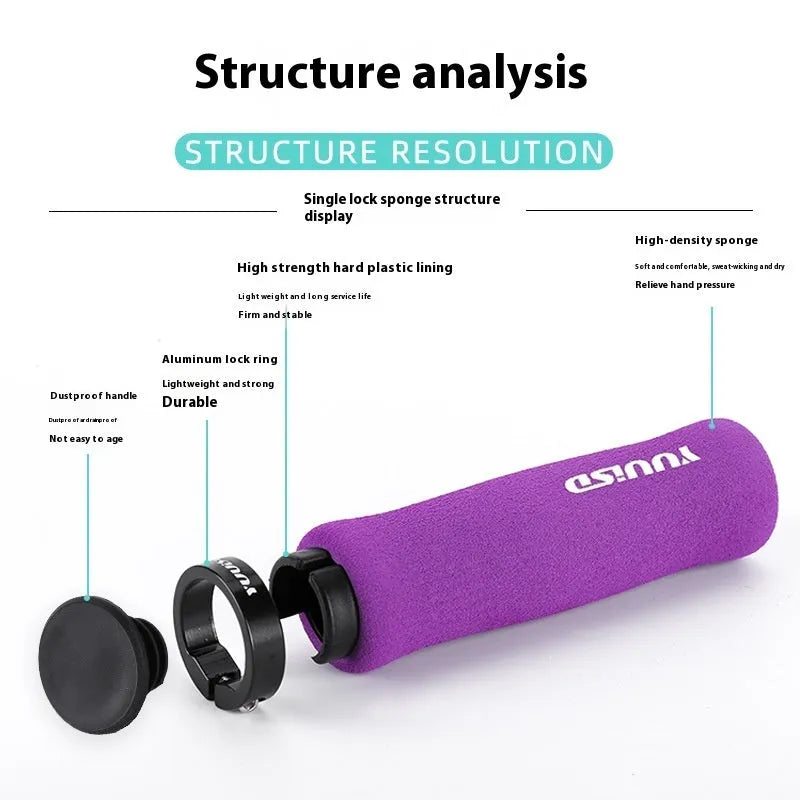 Pair of ultra-light 41g soft sponge mountain bike handlebar grips in black, purple, and biange colour options.