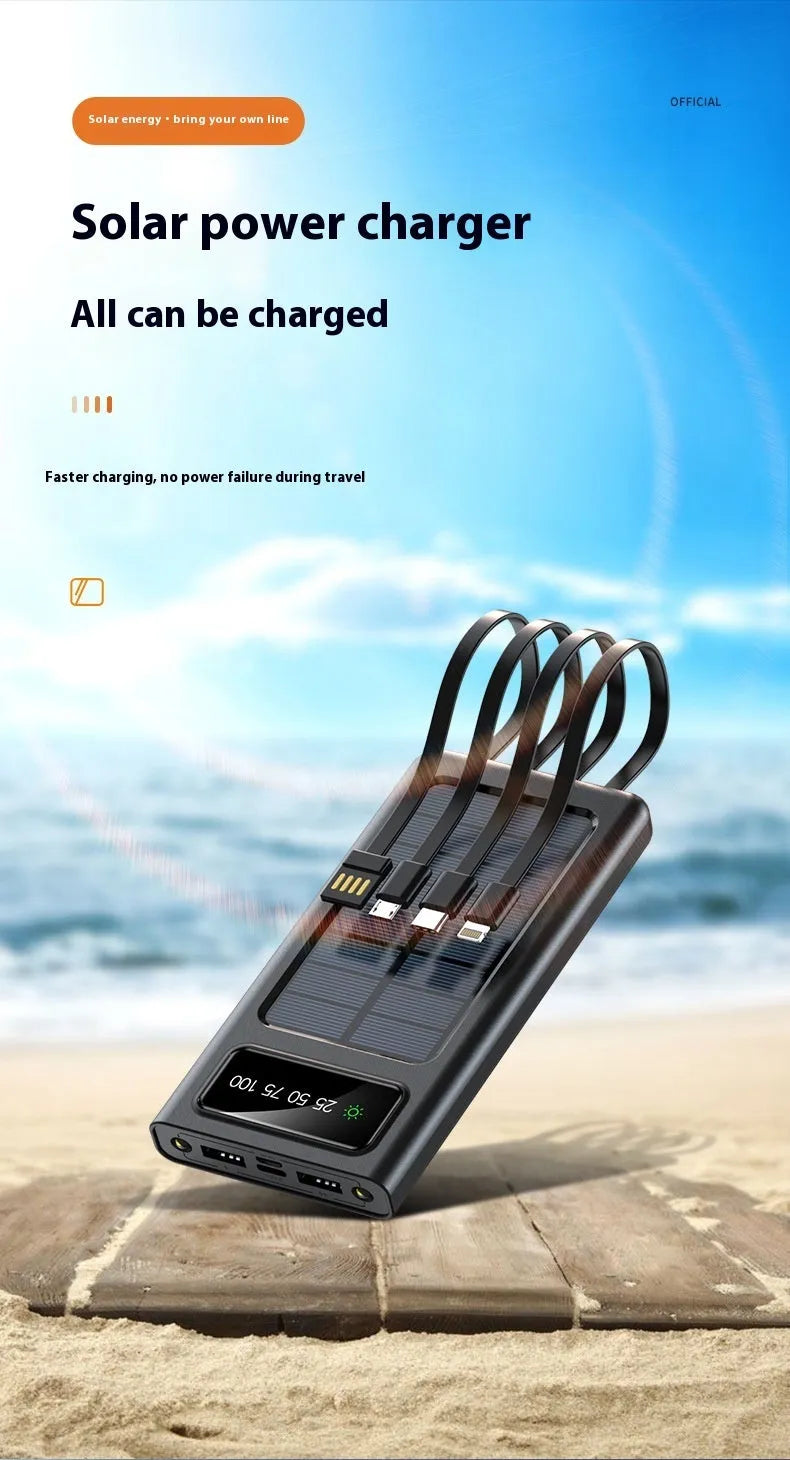 Solar power bank with integrated cable showing 20000mAh capacity and solar panel in black plastic case