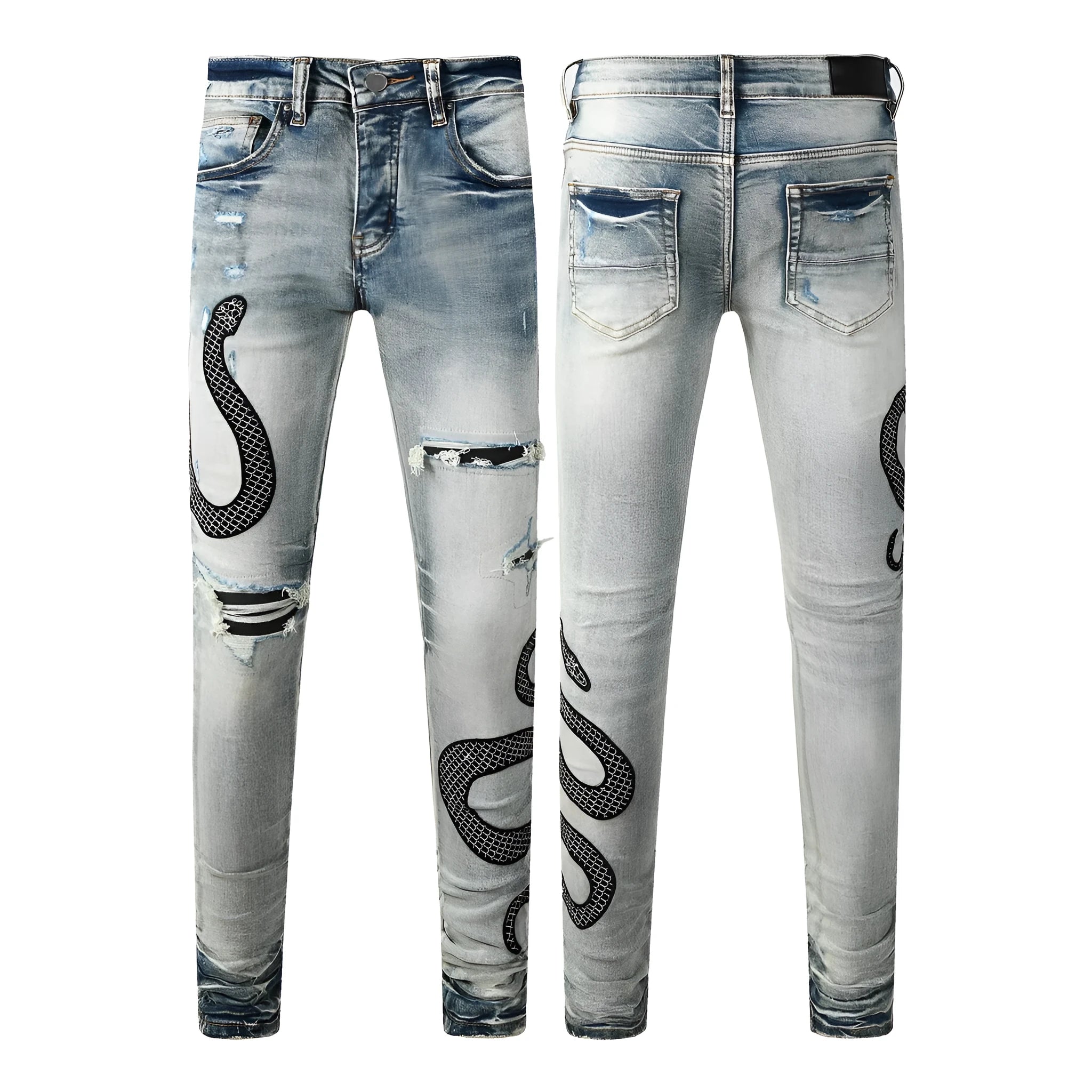 Distressed blue skinny jeans with wash detailing and button fly on mid waist design