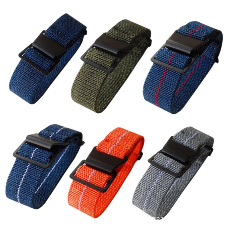 Nylon parachute elastic watchband in multiple colours with metal buckle on white background