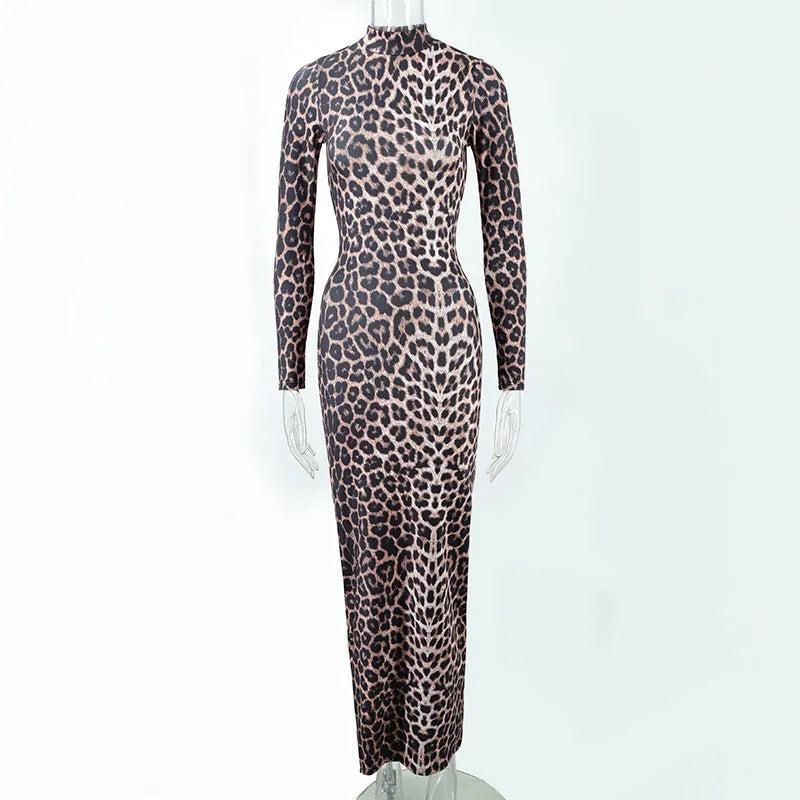 Leopard print women's long dress with stand collar and long sleeves