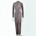 Leopard print women's long dress with stand collar and long sleeves