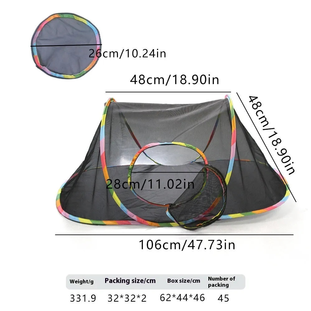 Foldable mesh cat roll cage pet toy shown in hexagonal, tee, tent, long straight and square model designs.