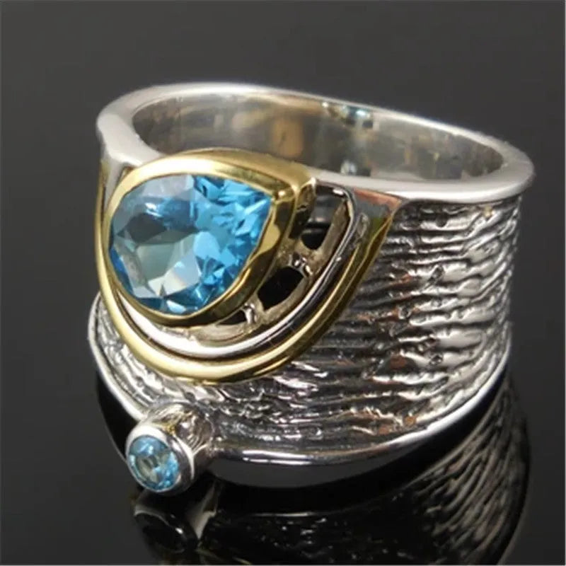 Blue Chinese style women's ring with zircon rhinestones in drop shape design