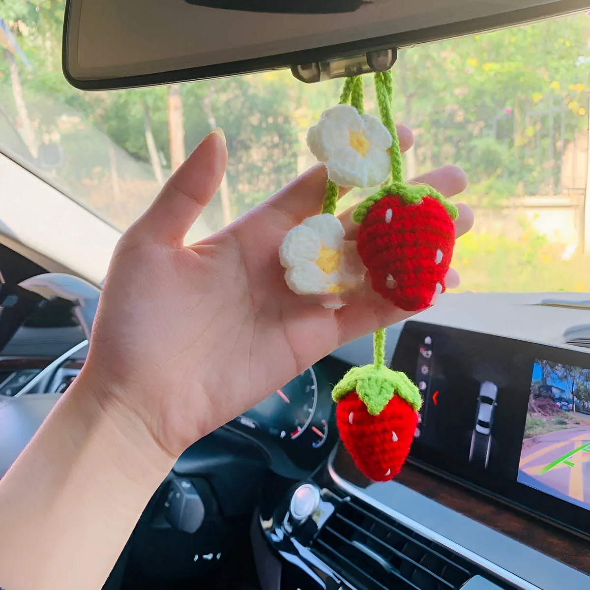 Handmade strawberry car pendant decoration made from cotton and hemp knitting wool
