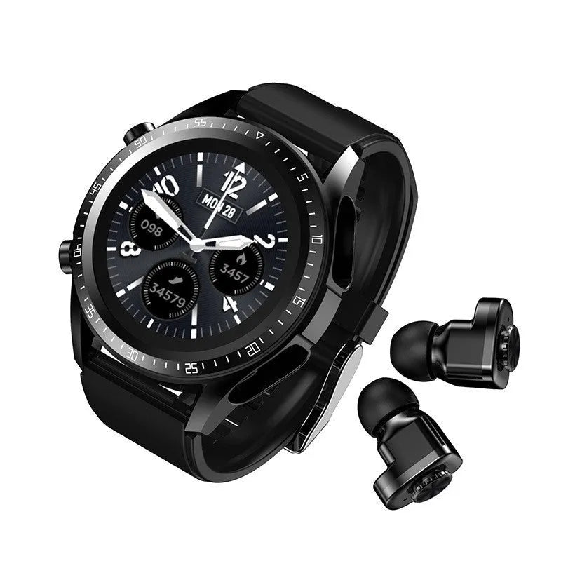 Black smart watch with silicone strap showing blood pressure and oxygen monitoring on screen.