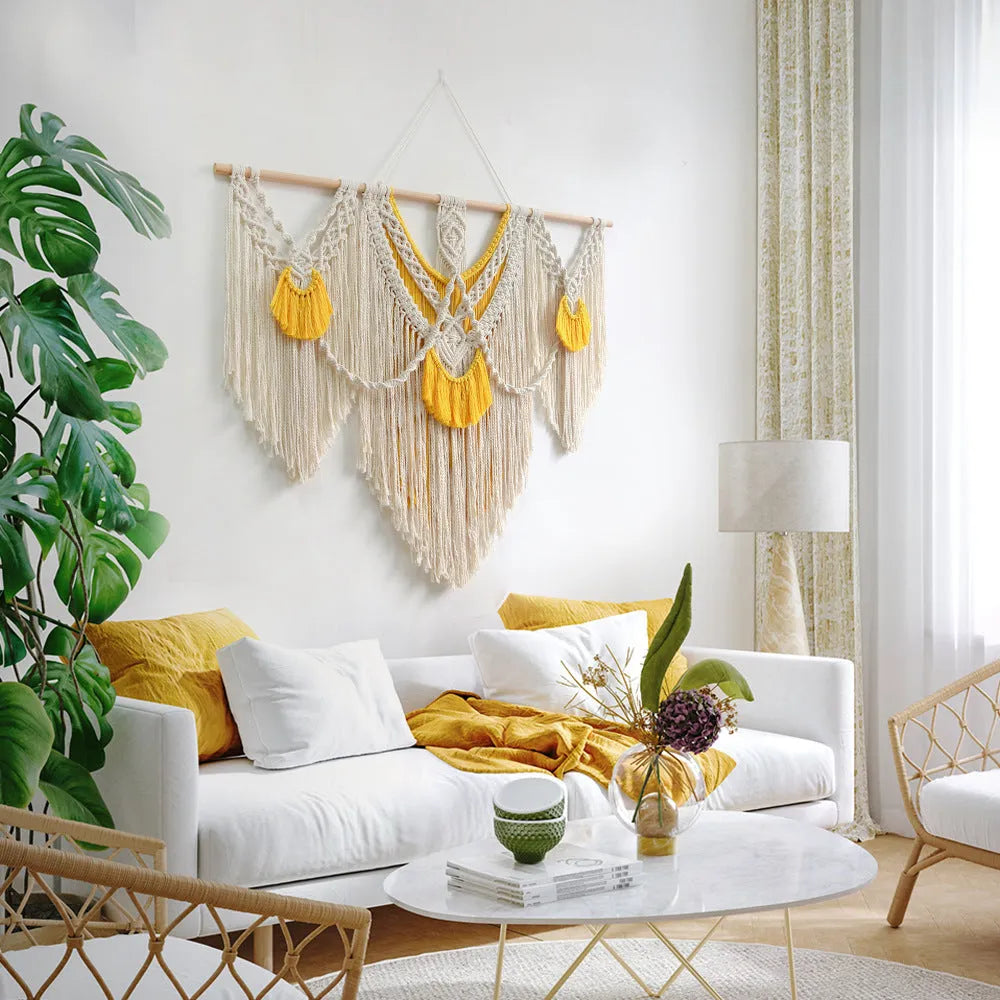Hand-woven cotton Nordic tapestry wall hanging with creamy white and yellow colours