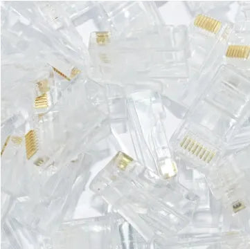 White RJ45 network modular plug with gold-plated contacts, shown alongside a bulk pack of 1000 units