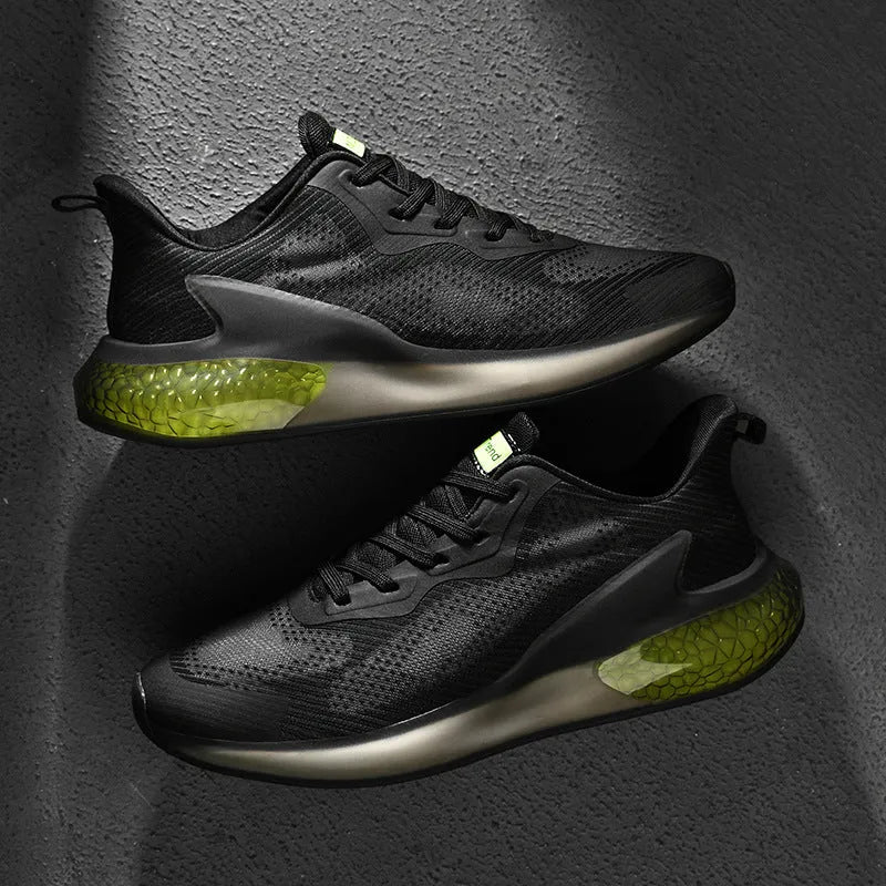 Popcorn breathable mesh running shoes in white black and green gray and orange colour options with round toe design