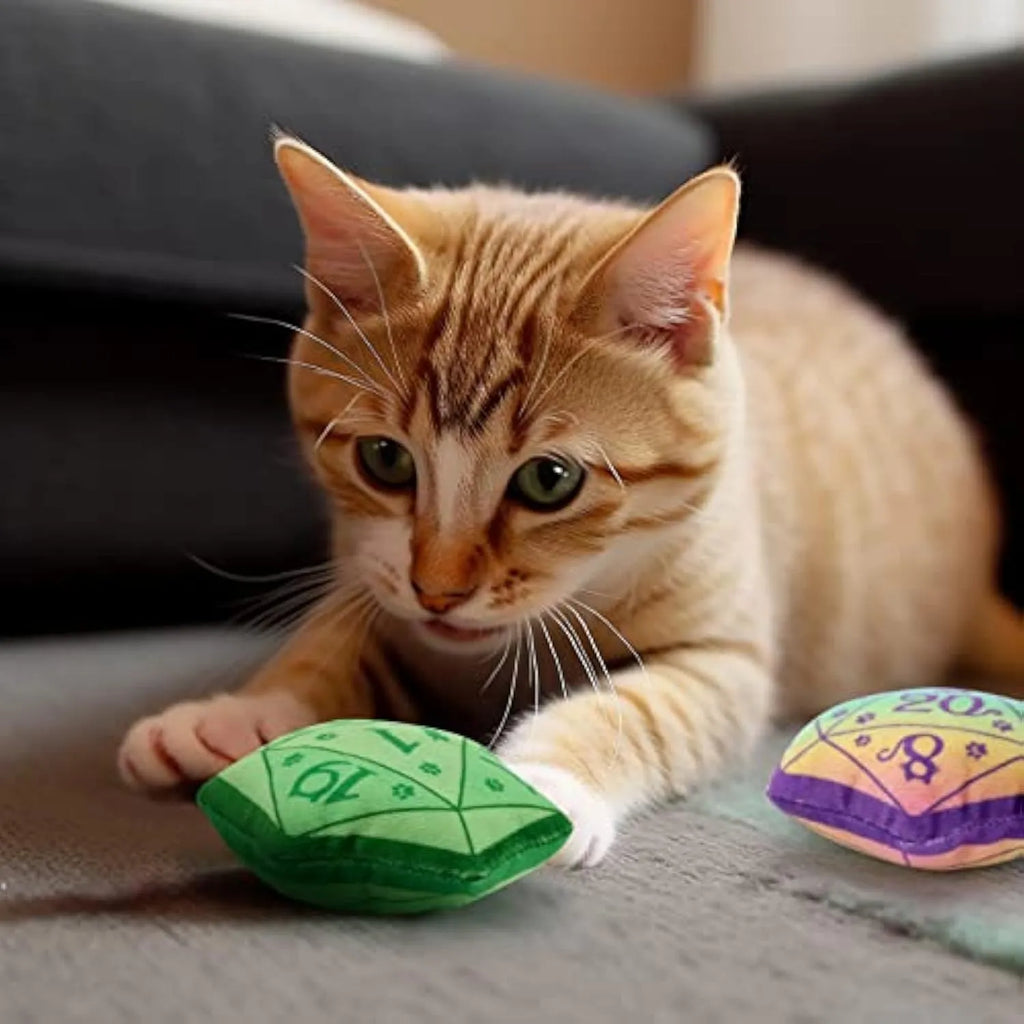DND-inspired dice-shaped catnip toy in soft plush fabric, available in blue, purple, green and pink colours