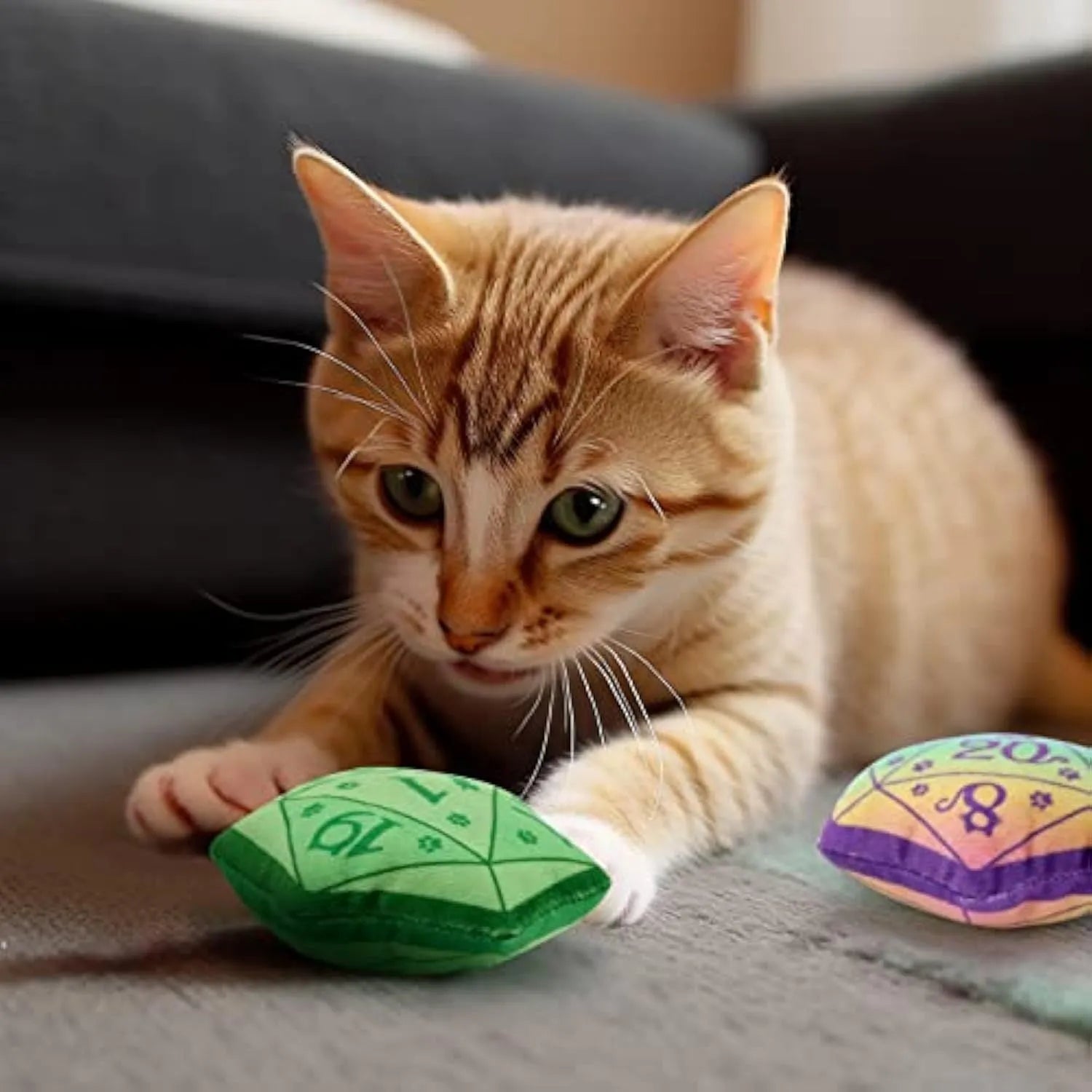 DND-inspired dice-shaped catnip toy in soft plush fabric, available in blue, purple, green and pink colours