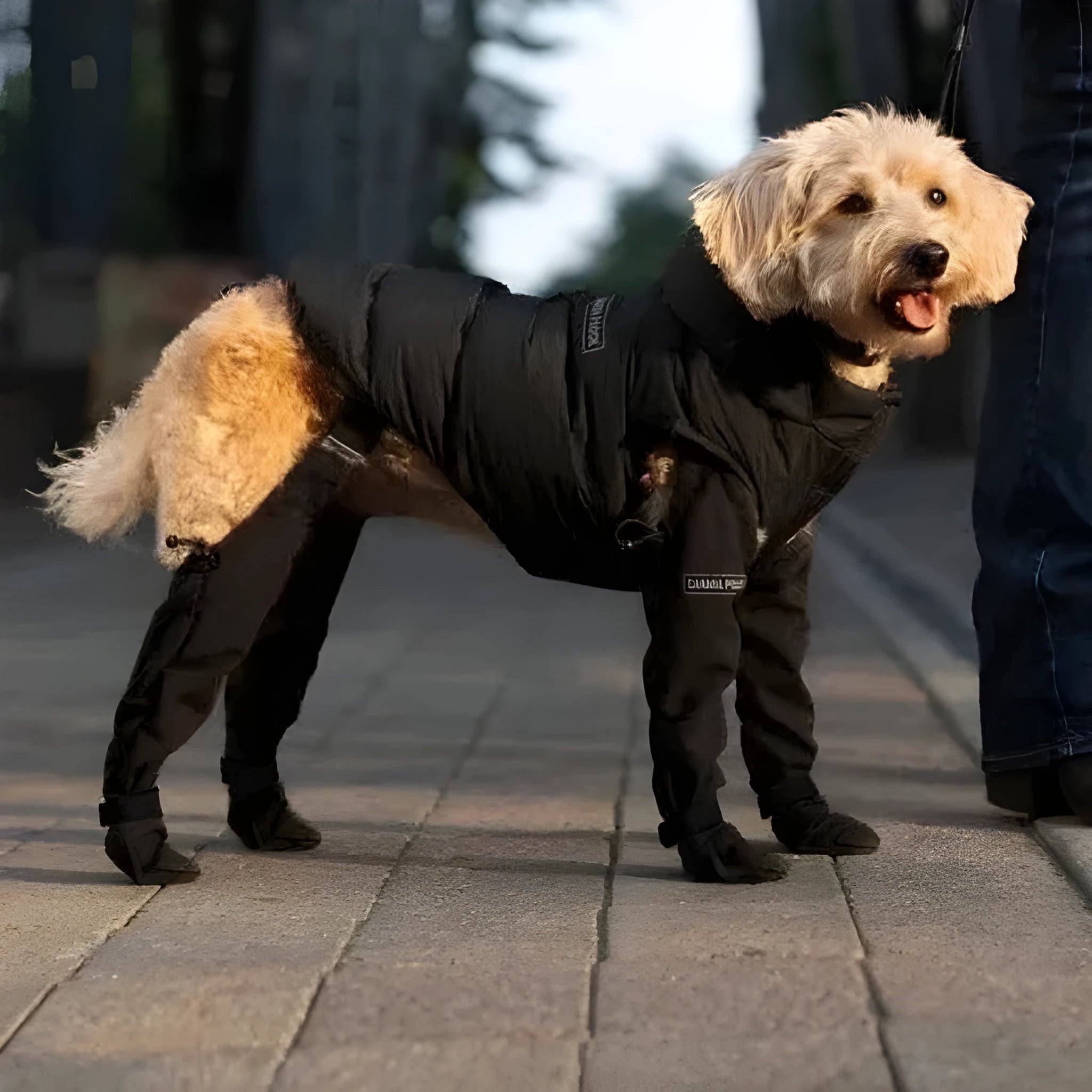Black waterproof dog shoes with non-slip soles and adjustable strap in six sizes from XS to XXL