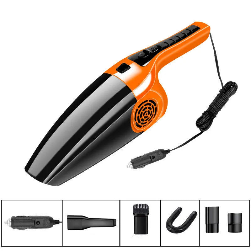 Black and orange 120W car vacuum cleaner with cigarette lighter plug for vehicle interior cleaning