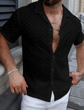 Men's short sleeve shirt with lace hollow detail in white or black, polyester blend, sizes S-XXL