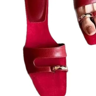 Square-toe plus size slippers in leather and rubber, shown in red, white, black, and silver colour options.