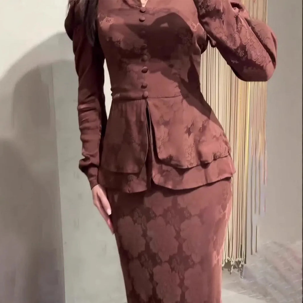 Dark brown artistic retro long dress with plant pattern, long sleeves, and a fake two piece design.
