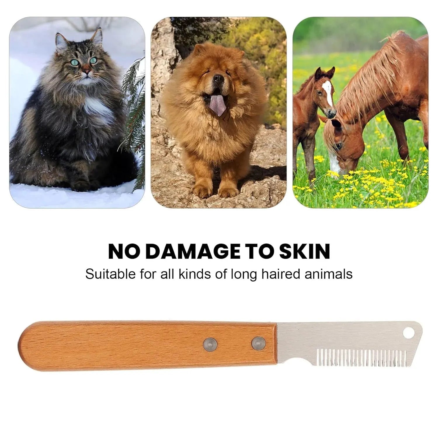 Wood handle pet stripping comb for grooming cats and dogs with metal fittings