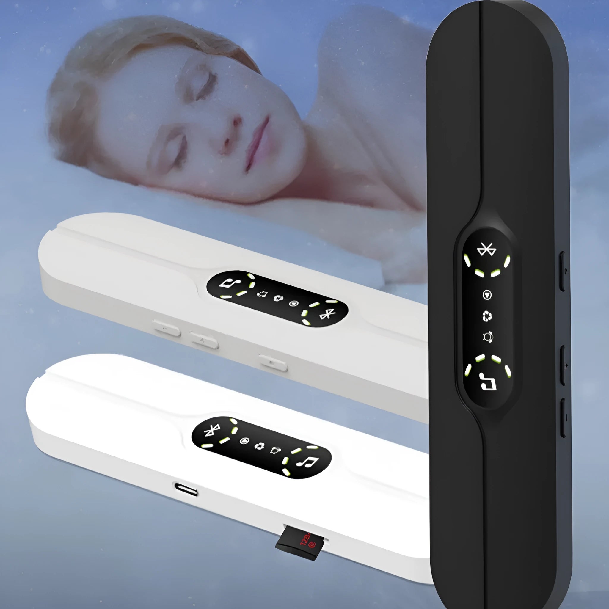 Bone conduction wireless Bluetooth music box in black with USB recharge port and timing control buttons