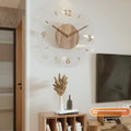 Wooden frame transparent wall clock with modern design showing clear time display