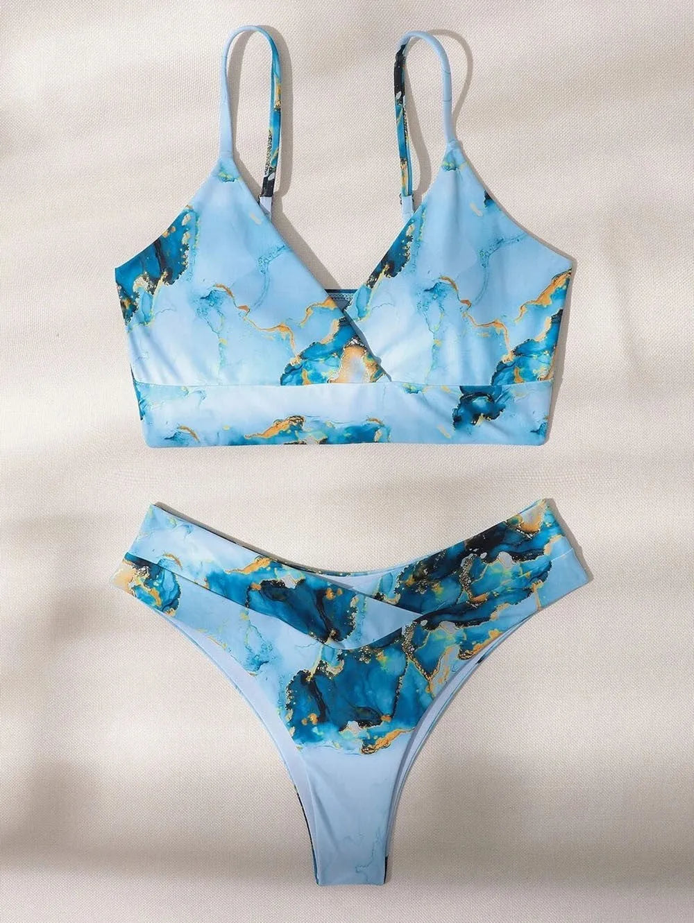 Women's marble tie-dye high waist bikini set with U-neck top and separated swimwear design