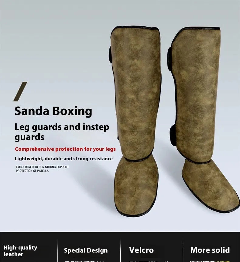 PU vertical thickened fighting boxing shin guards in brown colour on training mat