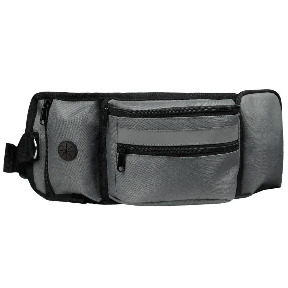 Polyester dog training fanny pack in black striped pattern on a neutral background