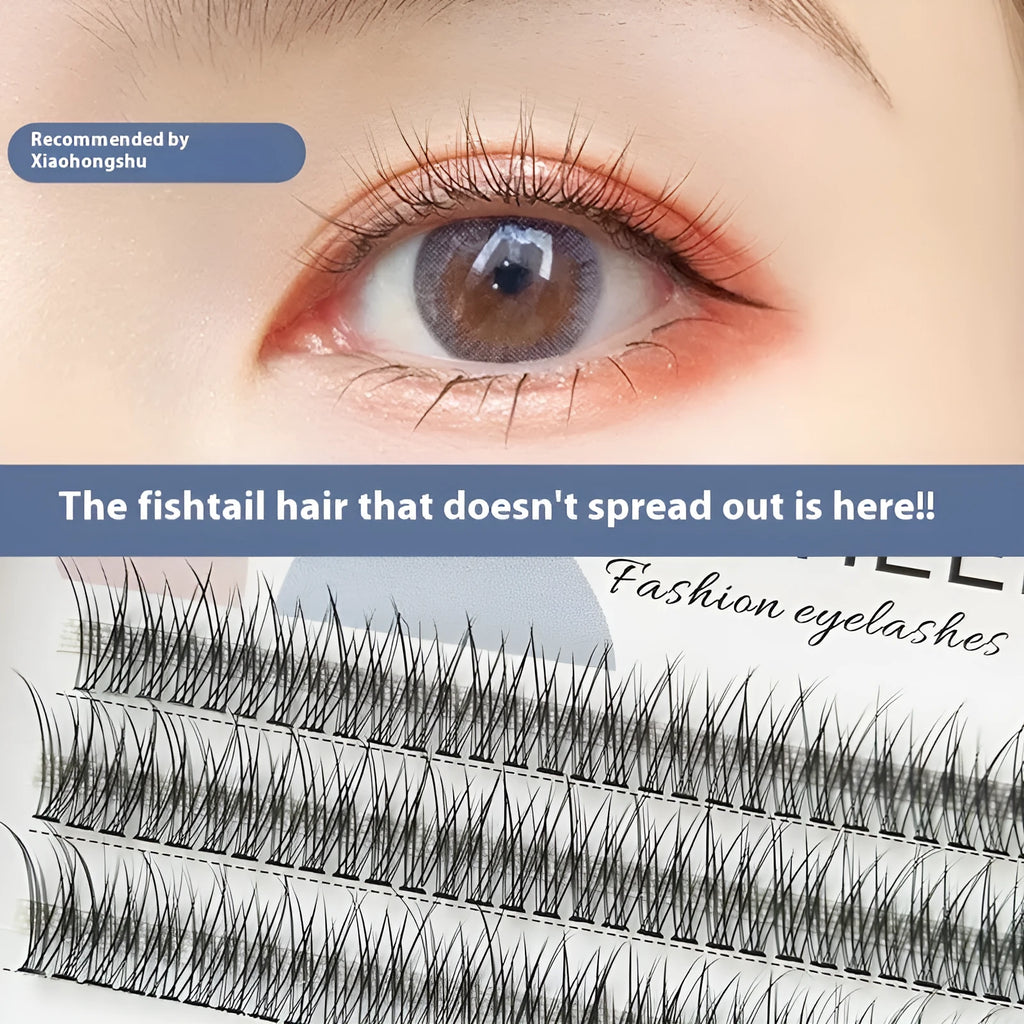 Black V-shaped fairy fishtail false eyelashes in natural long style showing thick segment design.