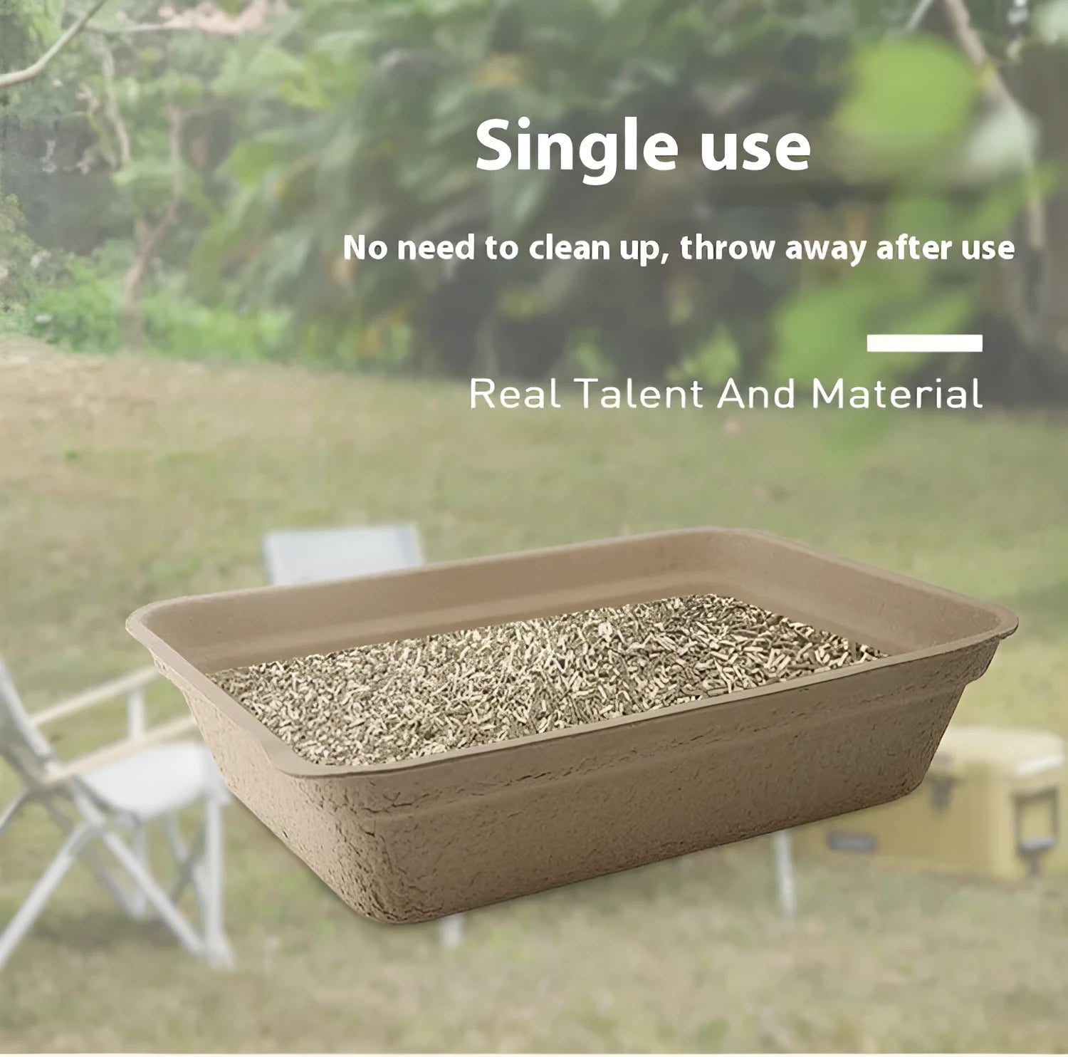 Brown disposable waterproof cat litter box shown in three available sizes.
