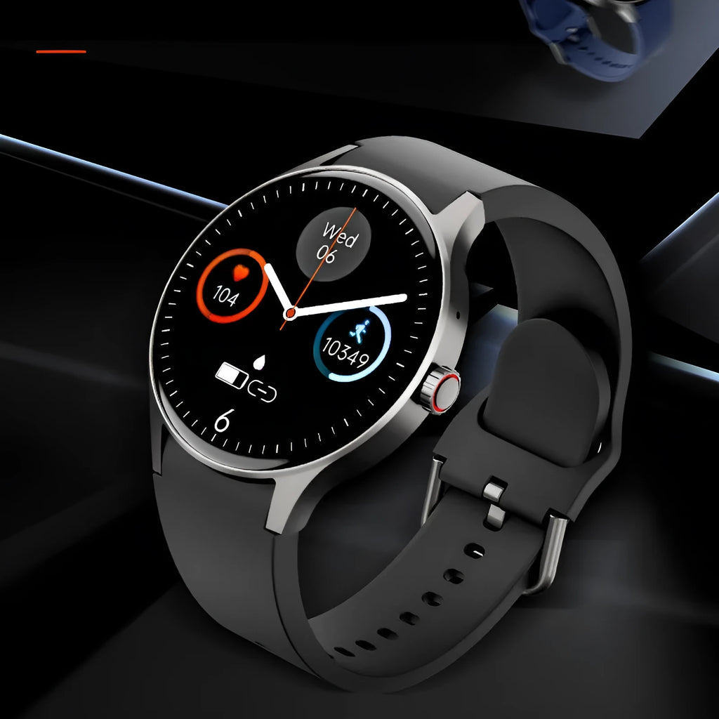 46mm smart watch with AMOLED screen showing health stats, available with silicone, leather, or steel bands.