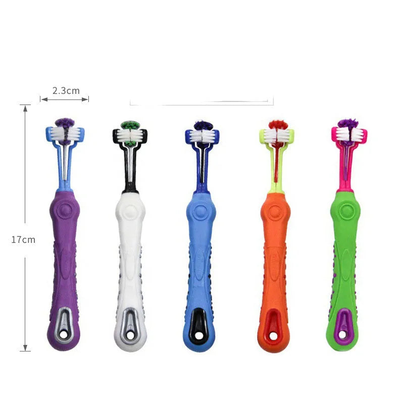 Double-headed plastic finger pet toothbrush for teeth cleaning and stain removal, shown in a choice of colours.