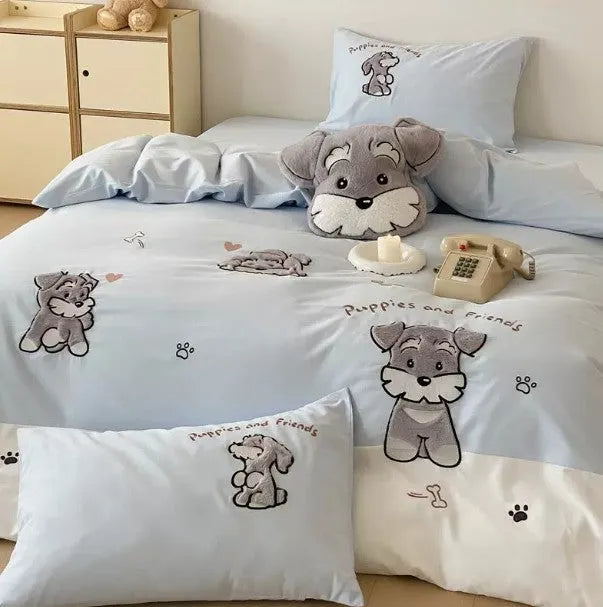Cartoon Schnauzer dog pattern embroidered cotton bedding set with quilt cover, flat sheet, and pillowcases.