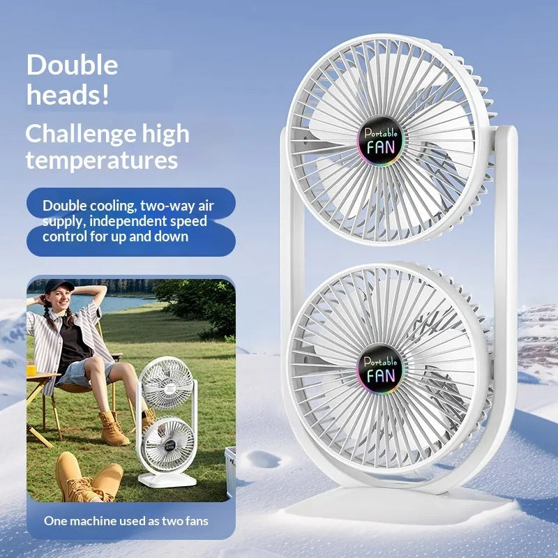 Double-layer electric fan with dual head USB rechargeable brushless motor in white, 19.8x15.6x39.3cm