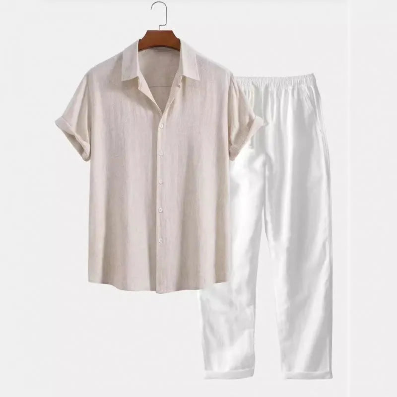Men's casual short sleeve shirt and trousers set in linen-feel polyester fabric