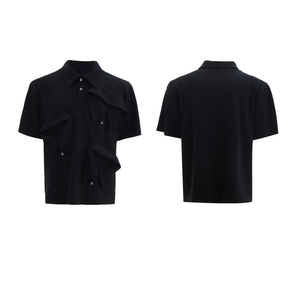 Men's black loose-fit polo shirt with a deconstructed multi-collar and geometric chest pattern.