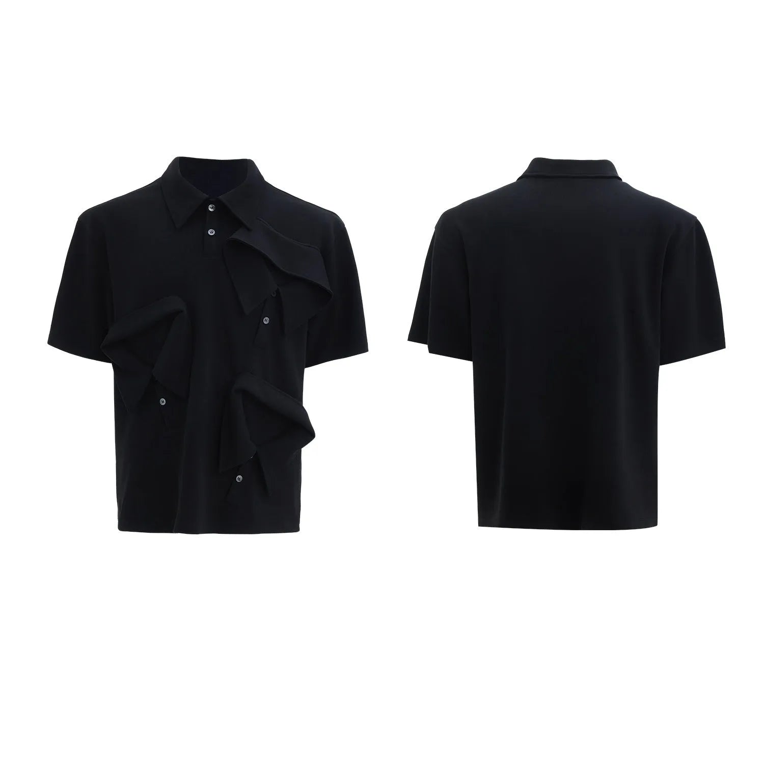 Men's black loose-fit polo shirt with a deconstructed multi-collar and geometric chest pattern.