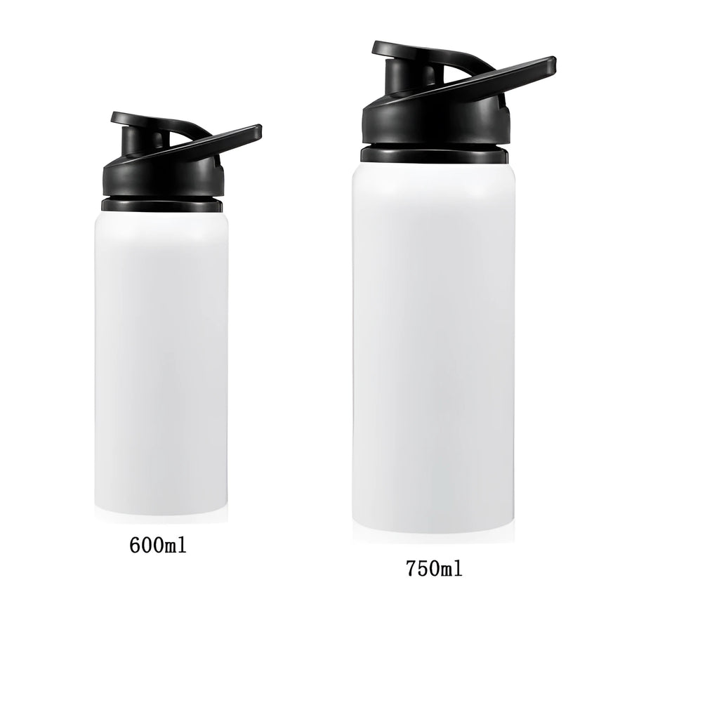 White aluminium sports water bottle with 600ml and 750ml capacity options for cycling and outdoor activities