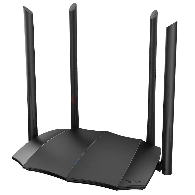 Black AC8 gigabit dual-band wireless router showing three Ethernet ports on back panel