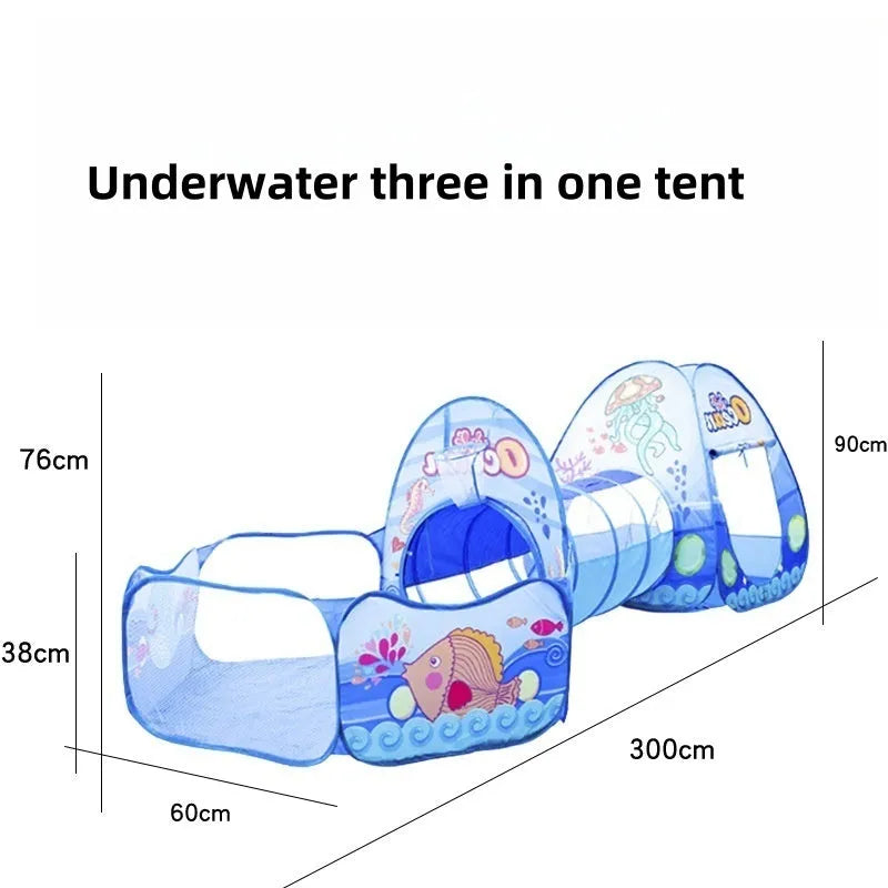 Children's three-in-one play tent set with ball pool and crawl tunnel in marine cartoon design