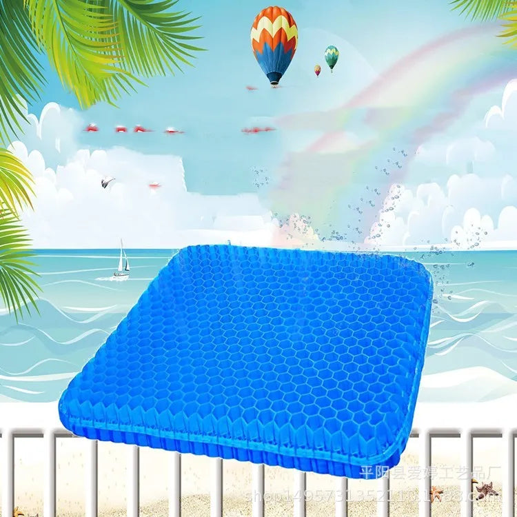 Square gel seat cushion with honeycomb design showing double-thick construction for pressure relief