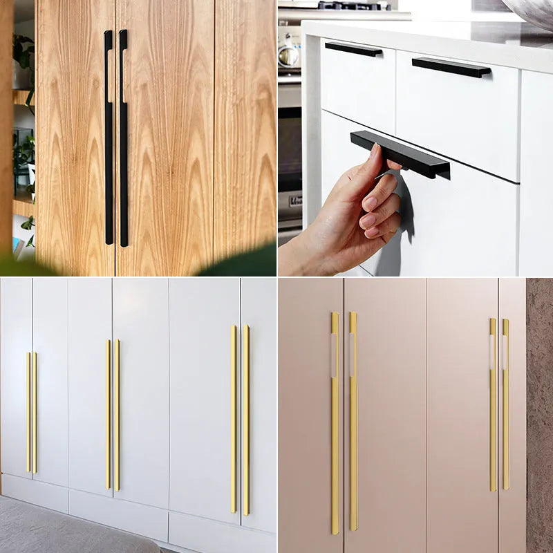 Gold coloured aluminium T-shaped single hole cabinet door handle on white background