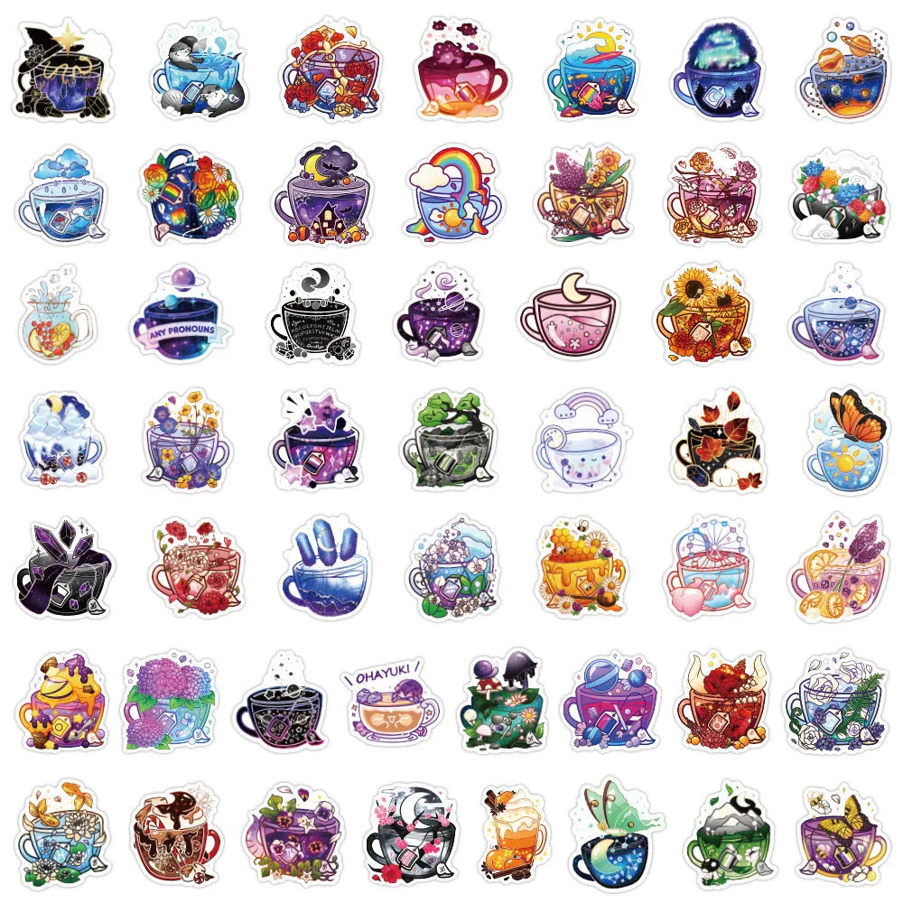 Colourful tea cup graffiti waterproof stickers for luggage and scooter decoration, 50-piece set