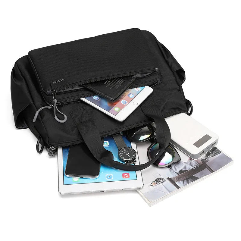 Men's Oxford cloth single shoulder travel bag, horizontal square zip satchel, shown in black, blue, green, or grey, sizes S and M.