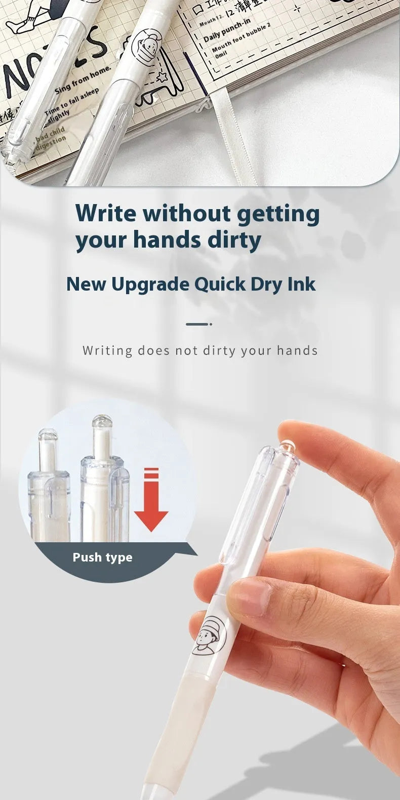 Five white plastic ballpoint pens with 0.5mm black ink refills and press mechanism