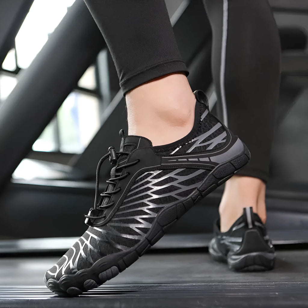 A pair of white outdoor casual lace-up shoes with a rubber sole on a plain background.
