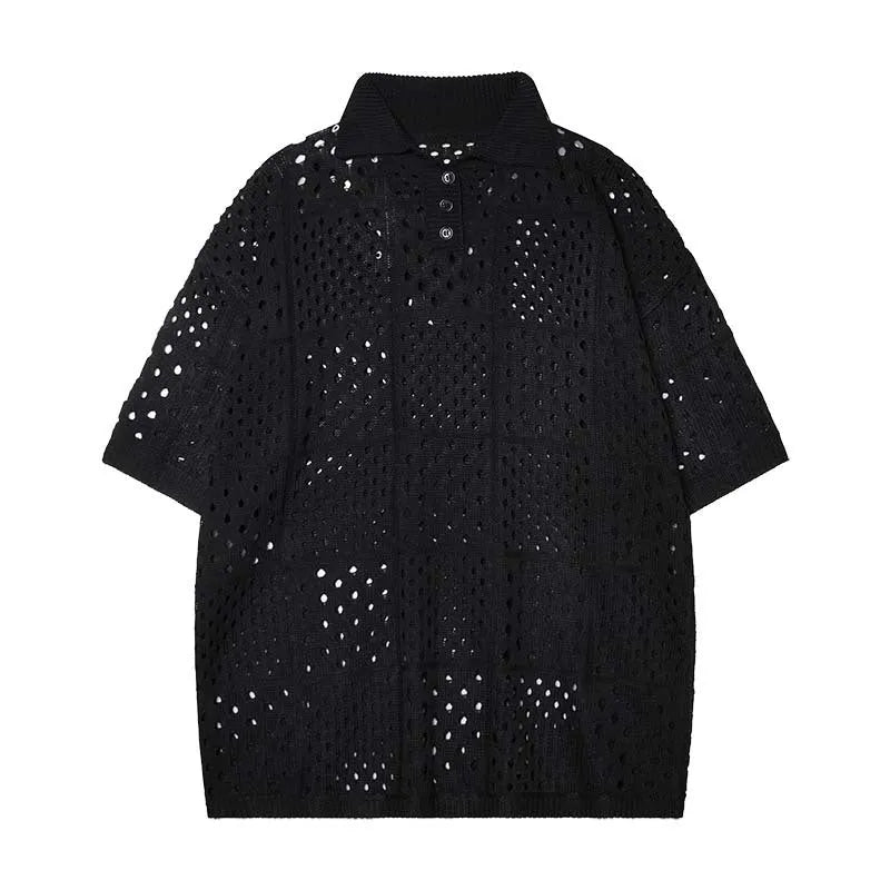 Black and white short-sleeved polo shirt with hollow knit design for teenage casual wear