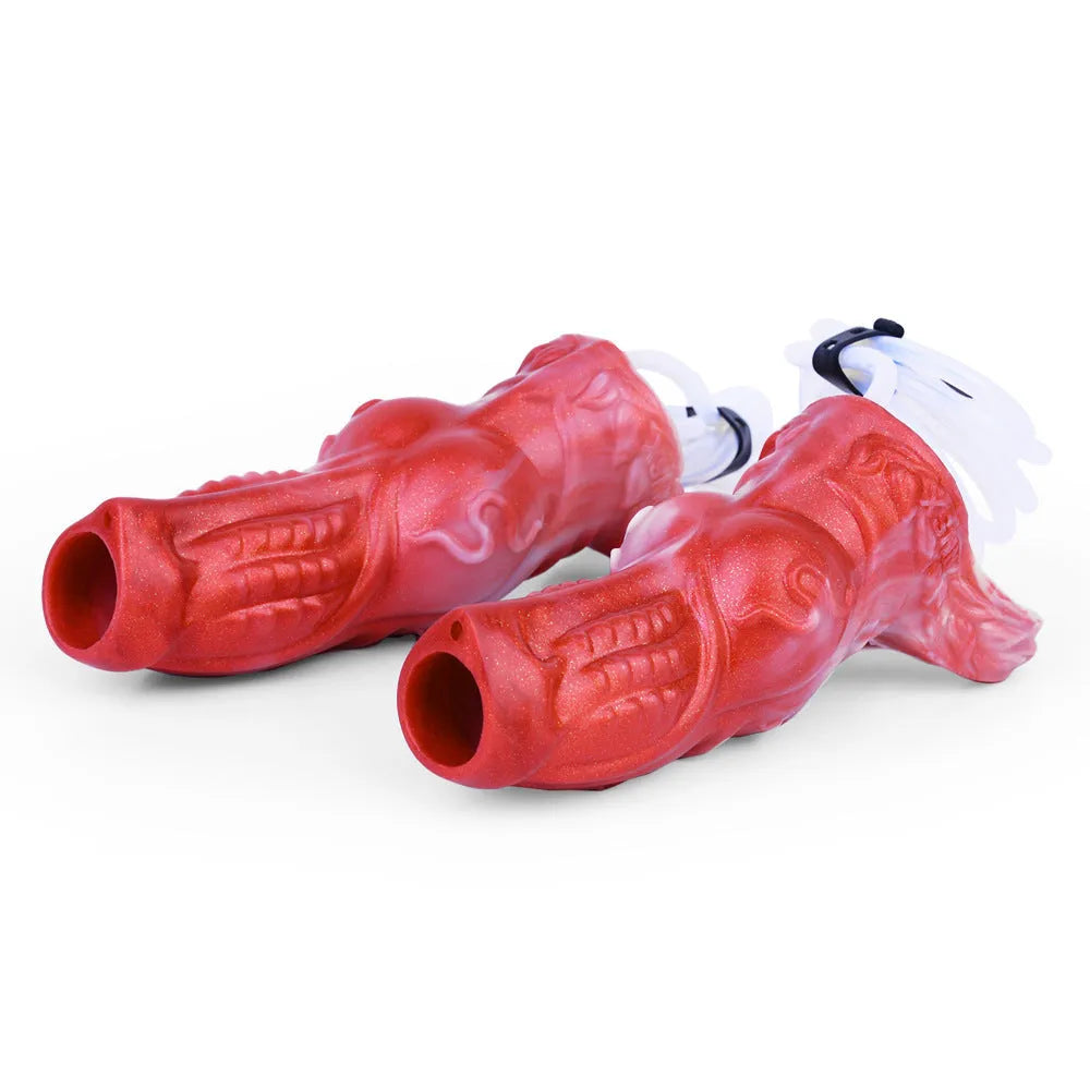 Liquid silicone adult condom toy with water spray syringe control system showing M and L size options