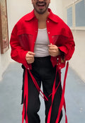 Men's red short jacket with full zip front, stand collar, and two side zip pockets