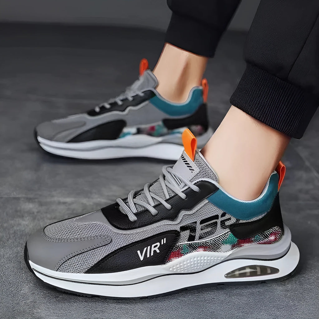 Air cushion mesh sneakers for men, lace up, breathable, non-slip rubber sole, round toe, flat heel, beige colour